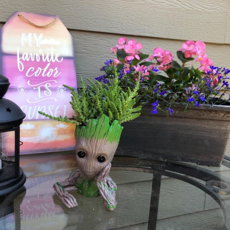 ZUSONUD Baby Groot Pen Pot Tree Man Pens Holder or Flower Pot with Drainage Hole Perfect for a Tiny Succulents Plants 6" (Grayish Brown) - Image 4